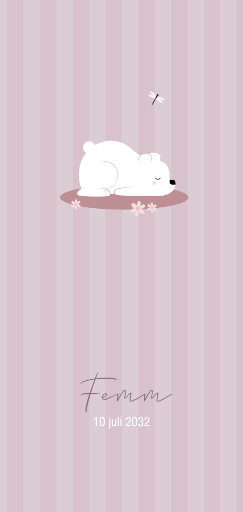 Lief geboortekaartje voor een meisje met slapend beertje en libelle