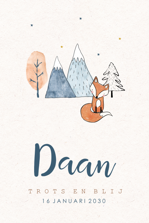 Stoer babykaartje met vosje in de bergen