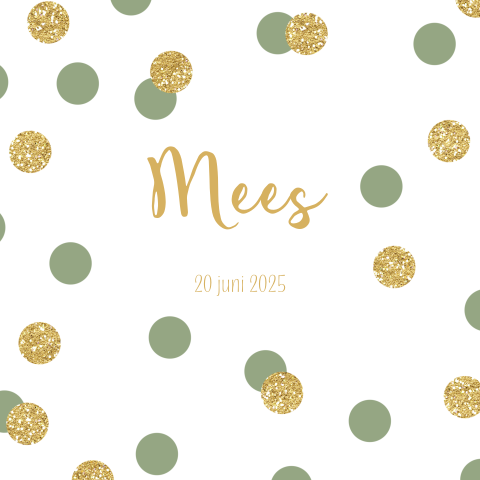 Hip geboortekaartje voor jongen met confetti in groen en goudlook