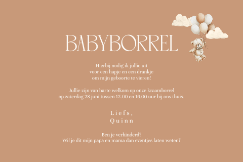 Uitnodiging kraamfeest met beertje en ballonnen