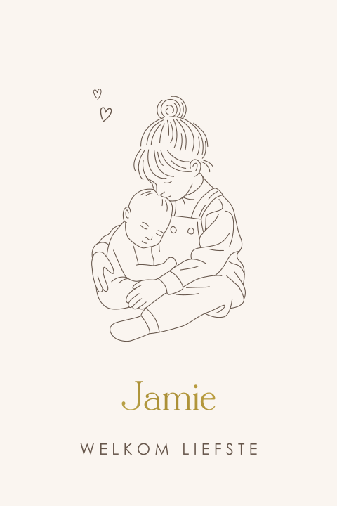 Lijntekening geboortekaartje met baby en grote zus