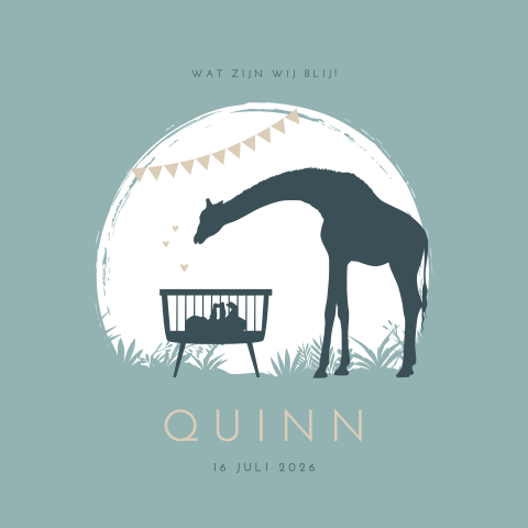 Lief geboortekaartje met silhouet van giraffe en wiegje