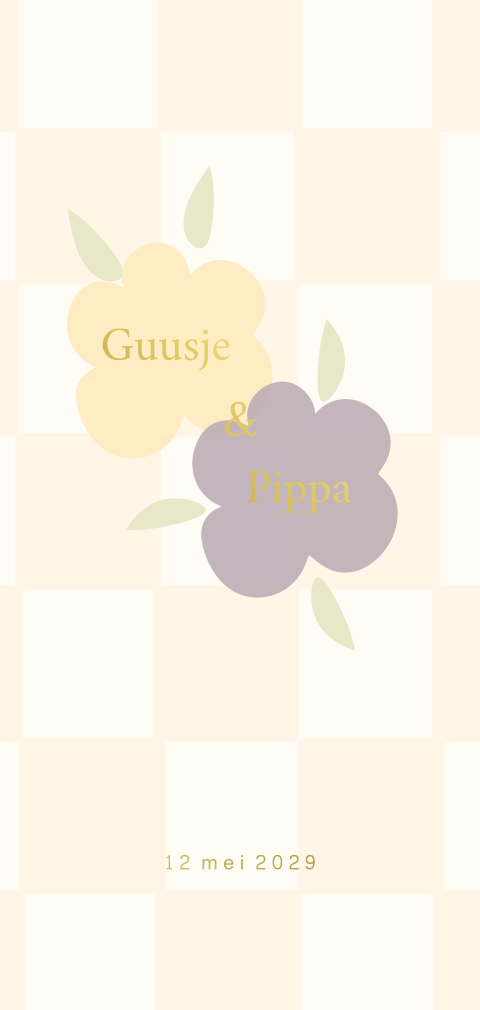 Vrolijk geboortekaartje meisjestweeling met ruitjespatroon en bloemen