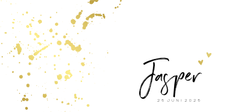 Trendy goudfolie geboortekaartje jongen met verfspetters en hartjes