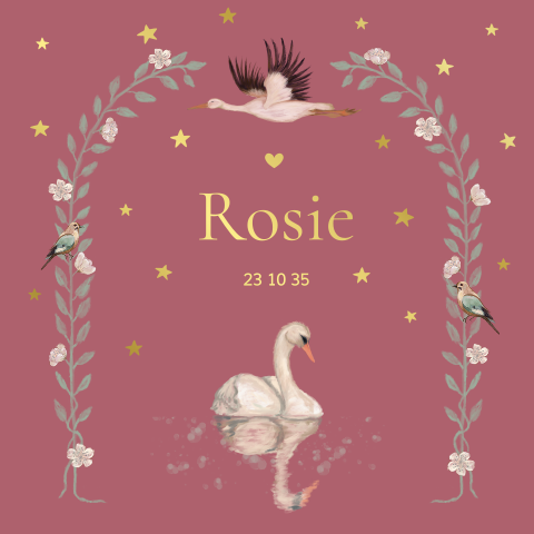 Romantisch geboortekaartje met goudfolie naam, zwaan en ooievaar