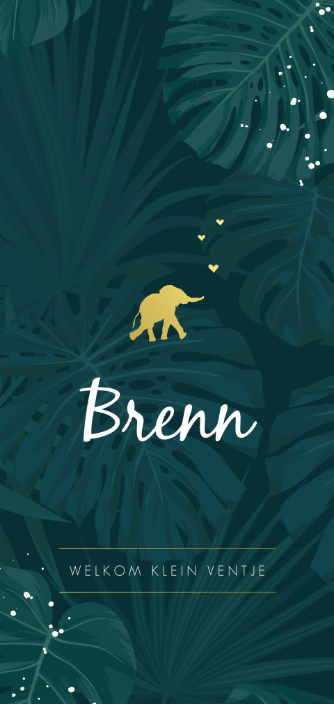 Hip goudfolie geboortekaartje met bladeren en olifant voor een jongen
