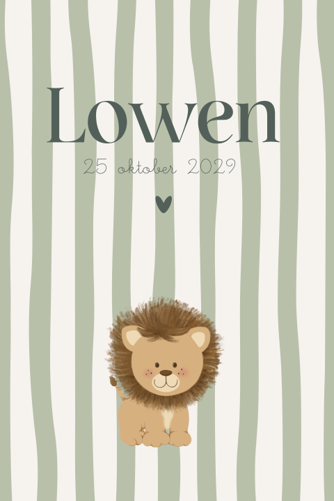 Geboortekaartje met groene strepen en schattig leeuwtje