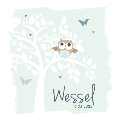 Lief en illustratief geboortekaartje met leuke boom uil en vlinders