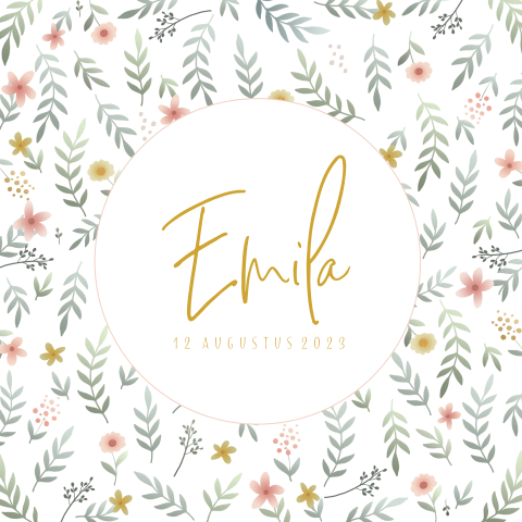 Lief geboortekaartje voor meisje met bloemetjes en takjes