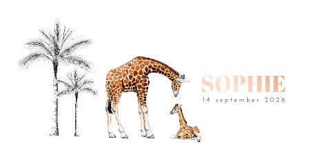 Luxe geboortekaartje met giraffen, palmbomen en roségoudfolie