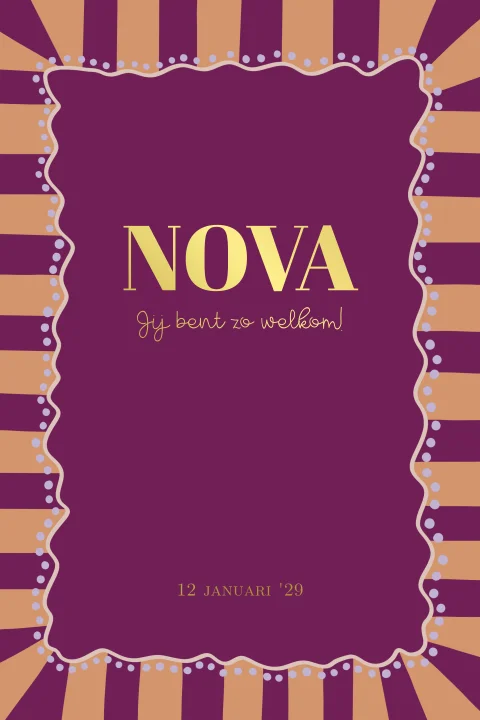 Goudfolie geboortekaartje meisje met vrolijke kleuren paars oranje