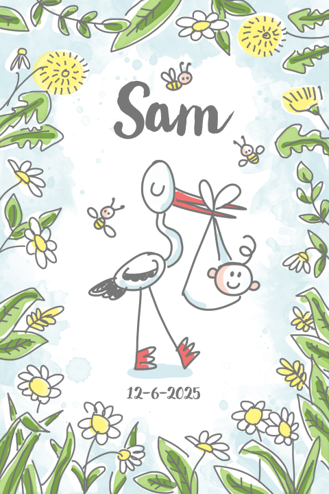 Kleurrijk geboortekaartje met ooievaar en bloemen