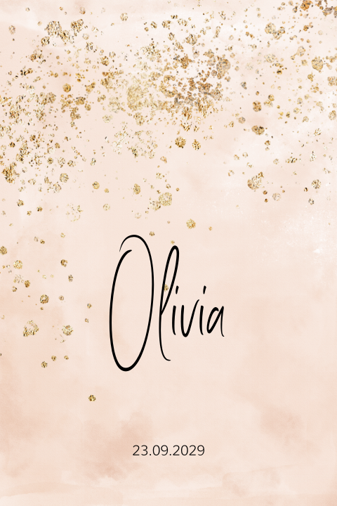 Trendy roze geboortekaartje met gouden verfspetters en watercolour