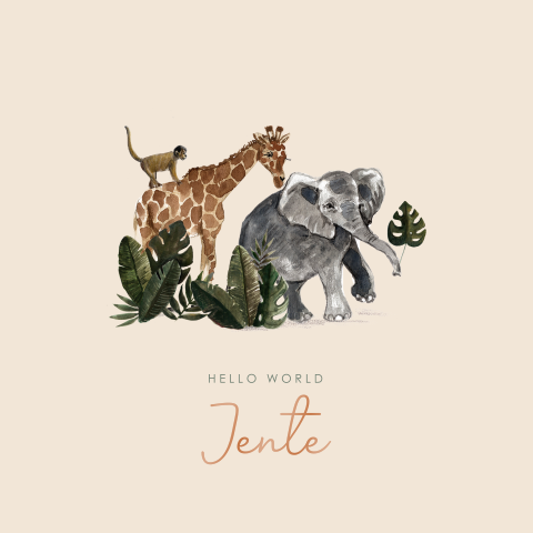 Hoogglans geboortekaartje jungle thema met giraffe, olifant en aapje