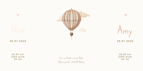Geboortekaartje theatervouw tweeling met roze luchtballon