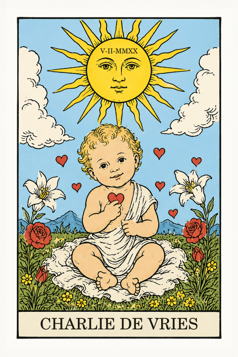 Origineel tarot geboortekaartje met zon, hartjes en bloemen