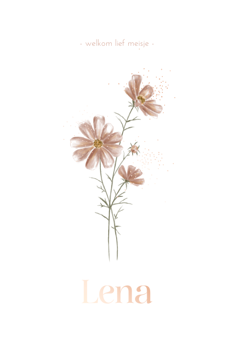 Lief geboortekaartje met geboortebloem en roségoudfolie