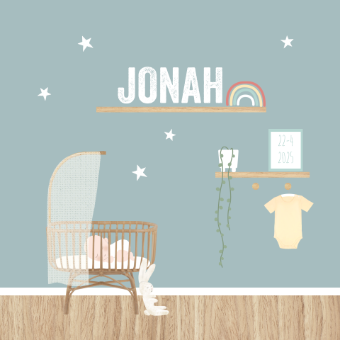 Lief geboortekaartje voor jongen met babykamer met rotan wiegje