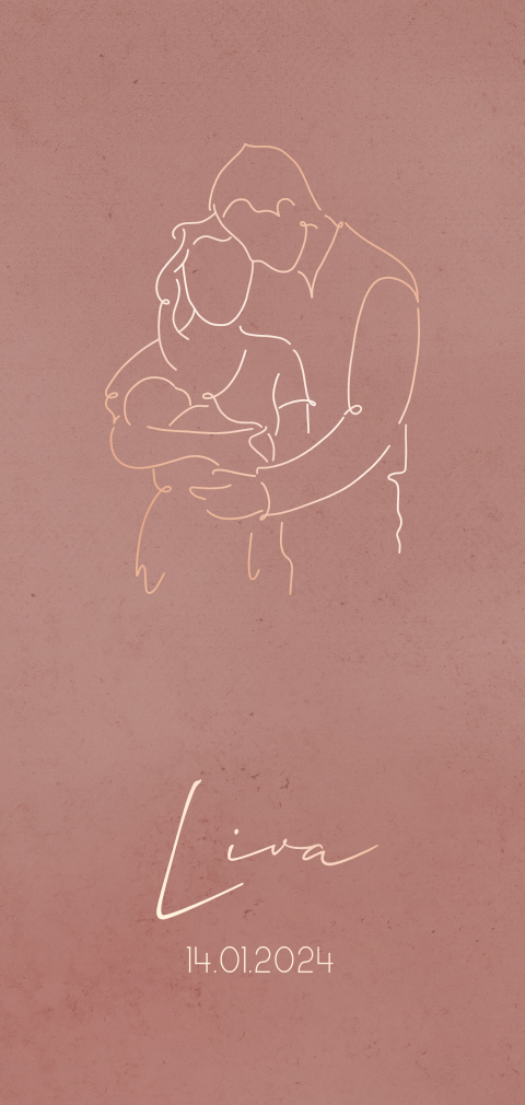 Geboortekaartje met roségoudfolie voor meisje met lijntekening van familie