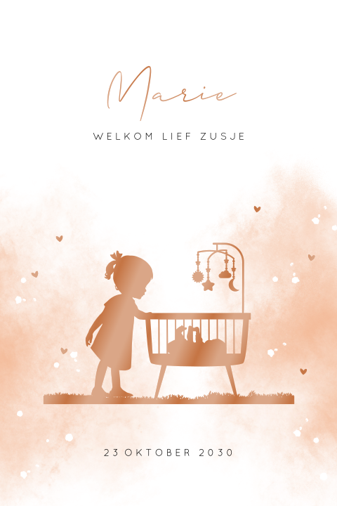Romantisch hoogglans geboortekaartje van meisje bij wiegje van zusje