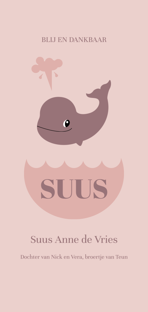 Roze geboortekaartje meisje met walvis
