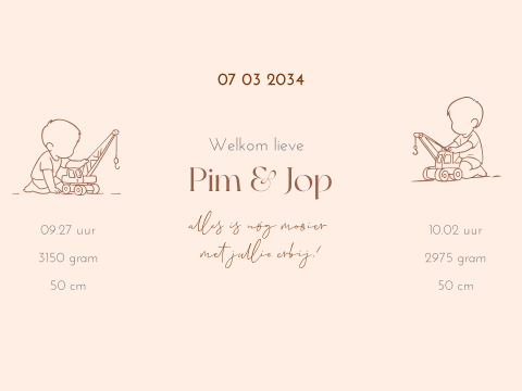 Geboortekaartje met spelende tweeling en hijskraan in lijntekening