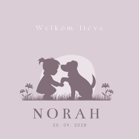 Geboortekaartje voor een meisje met silhouet van hondje