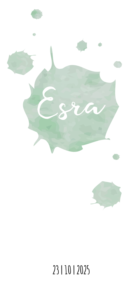 Geboortekaartje met groene waterverf en sierlijke typografie