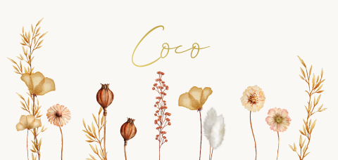 Romantisch geboortekaartje met goudfolie en droogbloemen