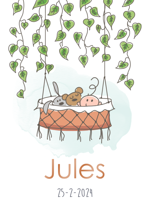 Geboortekaartje voor zoon met hangende wieg tussen planten