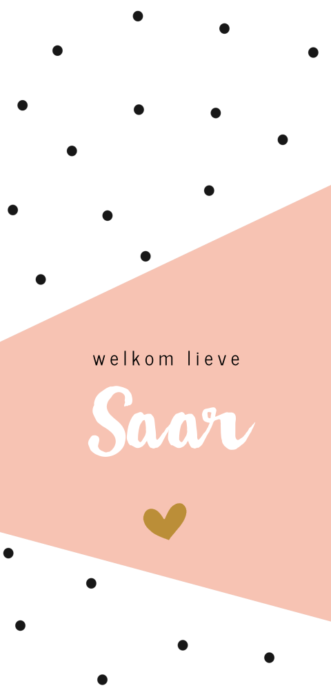 Hip geboortekaartje met stipjes en een schuin roze vlak