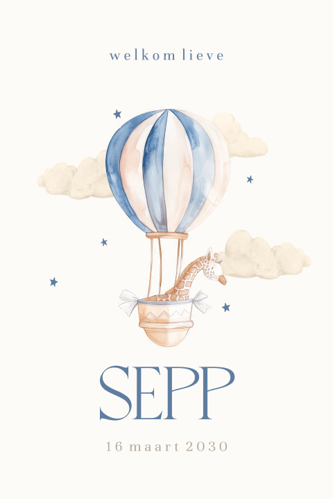 Lief geboortekaartje met blauwe luchtballon en giraf