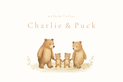 Lieve geboortekaart voor tweeling met berenfamilie
