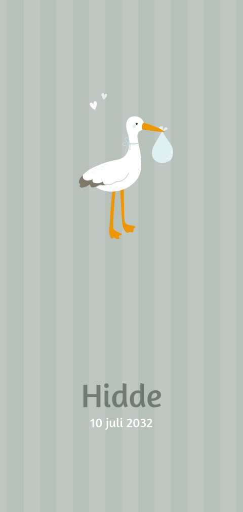 Lief geboortekaartje voor jongen met ooievaar op gestreepte achtergrond