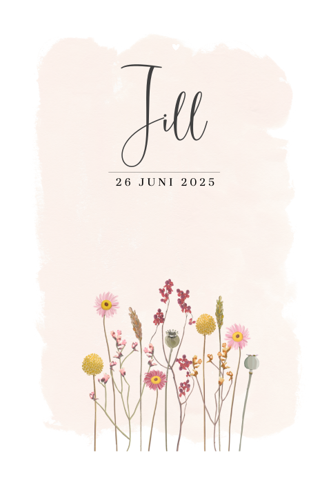 Hip rondhoek geboortekaartje voor meisje met geschilderde veldbloemen