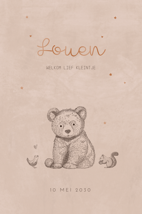 Lief geboortekaartje met pentekening beertje en hoogglans