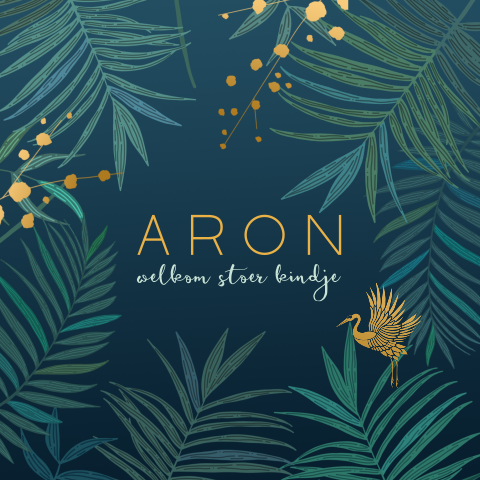 Botanisch geboortekaartje jongen met goudlook kraanvogel en takjes