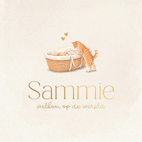 Lief geboortekaartje met kat en baby in wieg