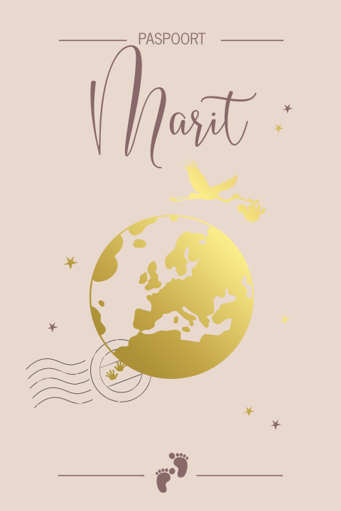 Paspoort geboortekaartje voor een meisje met goudfolie wereld