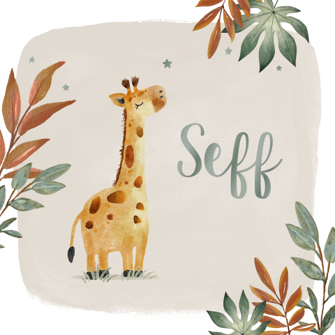 Leuk geboortekaartje met een giraffe, sterretjes en takjes