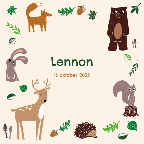 Herfst geboortekaartje met bosdieren en ronde hoeken