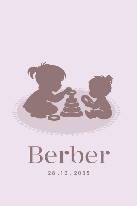 Lila geboortekaartje met silhouet van spelende zusjes met stapeltoren 