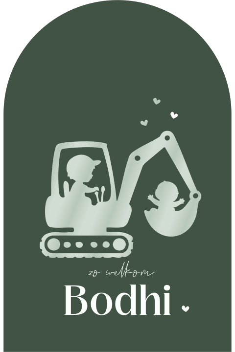 Geboortekaart in hoogglans met silhouet broer en baby in graafmachine