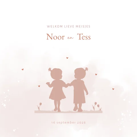 Lief geboortekaartje voor tweeling met silhouetjes van twee meisjes