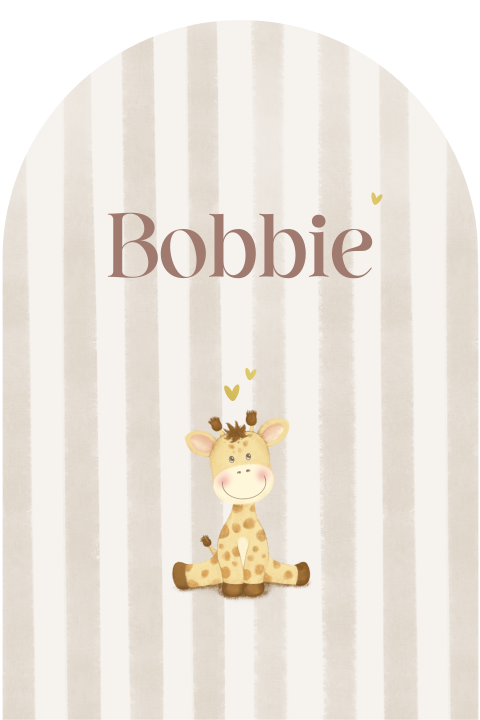 Geboortekaartje boogvorm met beige strepen en lief girafje