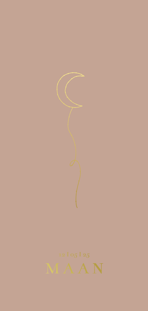 Trendy goudfolie geboortekaartje voor meisje met maantje aan slinger