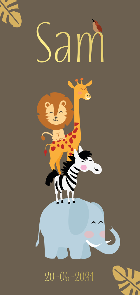 Geboortekaart uniseks met jungle dieren, goudfolie en ronde hoeken