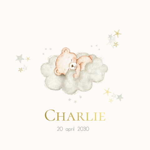 Lief geboortekaartje met beer in de wolken en goudfolie naam