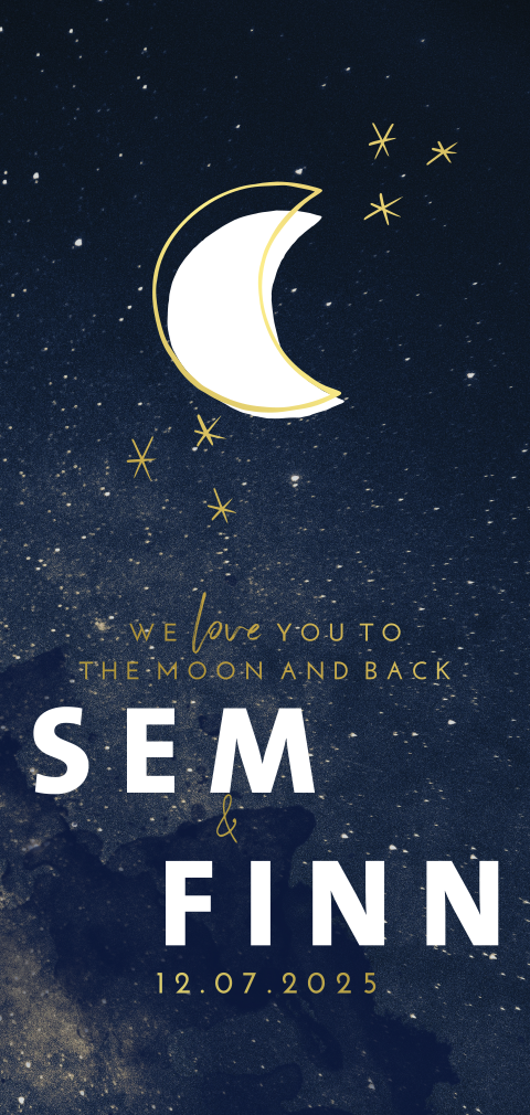 Trendy goudfolie geboortekaartje voor tweeling jongens met maantje