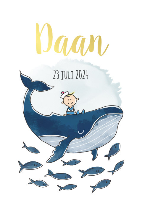 Geboortekaartje met jongetje op de rug van een walvis en visjes
